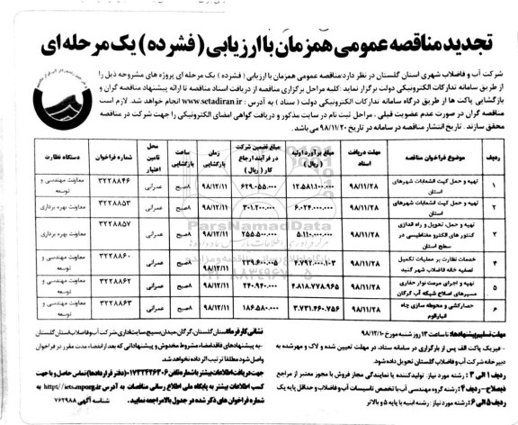 تجدید مناقصه عمومی, تجدید مناقصه تهیه و حمل کیت انشعابات شهرهای... 