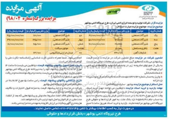 مزایده، مزایده شیرآلات صنعتی ....