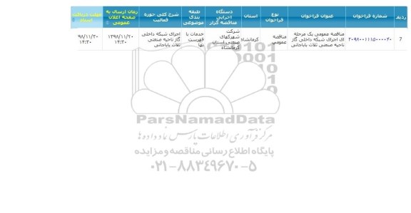 مناقصه، مناقصه عمومی اجرای شبکه داخلی گاز ناحیه صنعتی