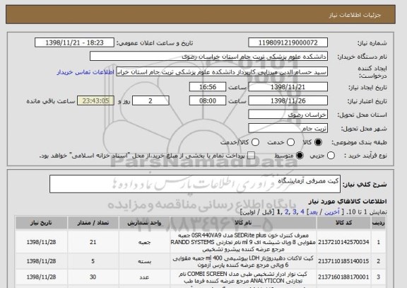 استعلام کیت مصرفی آزمایشگاه