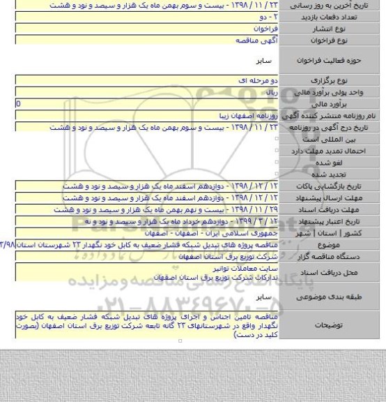مناقصه پروژه های تبدیل شبکه فشار ضعیف به کابل خود نگهدار  ۲۳ شهرستان استان ۱۷۶۳/۹۸