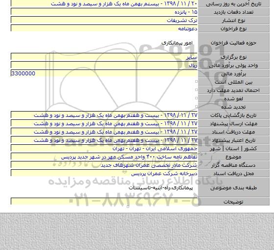 تفاهم نامه ساخت ۴۰۰ واحد مسکن مهر در شهر جدید پردیس