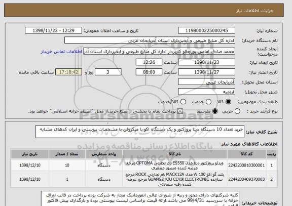 استعلام خرید تعداد 10 دستگاه دیتا پروژکتور و یک دستگاه اکو با میکروفن با مشخصات پیوستی و ایران کدهای مشابه