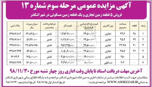 آگهی مزایده مزایده فروش 5 قطعه زمین تجاری و زمین مسکونی شماره 13 مرحله سوم 