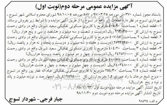 مزایده،مزایده فروش قطعات با کاربری مسکونی