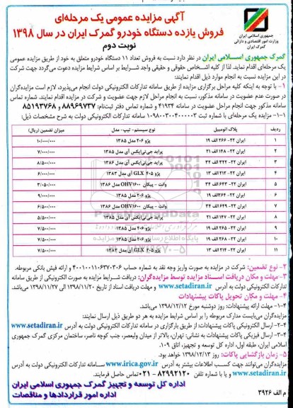 مزایده, مزایده فروش یازده دستگاه خودرو گمرک  - نوبت دوم
