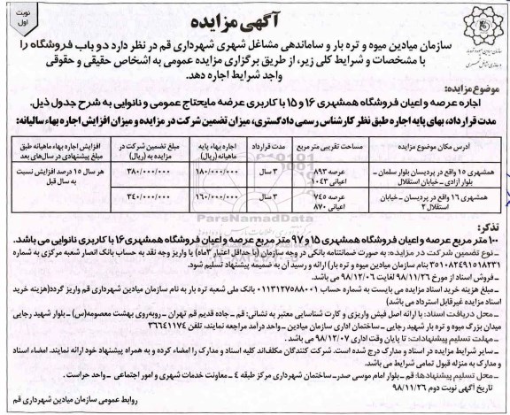 مزایده ، مزایده واگذاری به اجاره دو باب فروشگاه