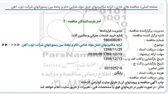 مناقصه ، مناقصه كرایه مكانیزمهای حمل مواد غذایی خام و پخته