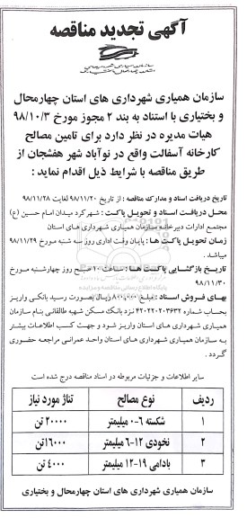 تجدید مناقصه , تجدید مناقصه تامین مصالح کارخانه آسفالت