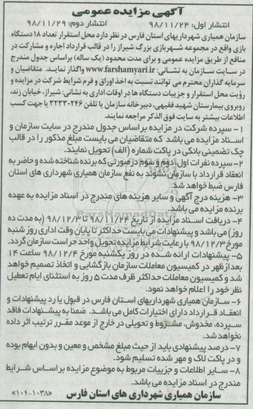 مزایده  محل استقرار تعداد 18 دستگاه بازی
