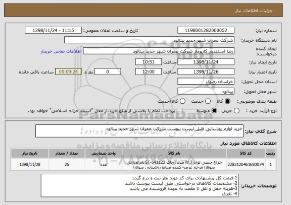 استعلام خرید لوازم روشنایی طبق لیست پیوست شرکت عمران شهر جدید بینالود