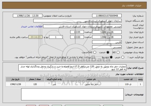 استعلام عملیات حفر چاه عمیق به عمق 120 متر و قطر 17.5 اینچ همراه با خرید و بارگیری وحمل وجاگذاری لوله جدار به قطر 12 اینچ