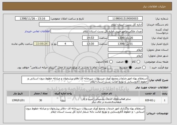 استعلام استعلام بهاء امور خدمات وجمع آوری مرسولات دبیرخانه ای دفاتر پیشخوان و مبادله خطوط درون استانی و خطوط ictروستایی و توزیع امانت پست استان ایلام