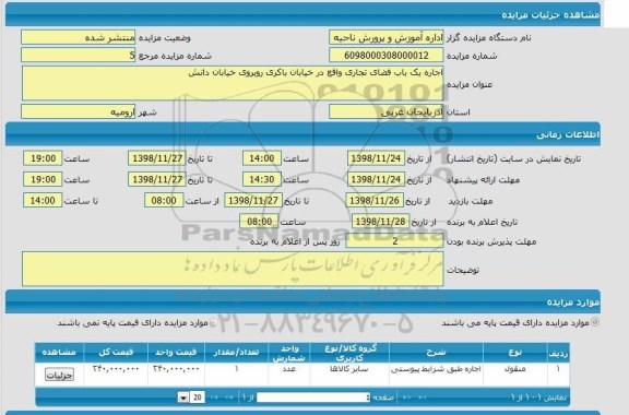 مزایده اجاره یک باب فضای تجاری
