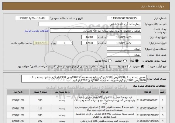 استعلام عدس بسته بندی 900گرمی 300کیلو گرم --لپه بسته بندی 900گرمی 300کیلو گرم --نخود بسته بندی 900گرمی 100کیلو گرم --جو بسته بندی 900گرمی 200کیلو گرم 