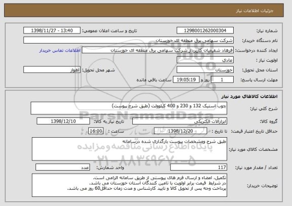 استعلام چوب استیک 132 و 230 و 400 کیلوولت (طبق شرح پیوست)