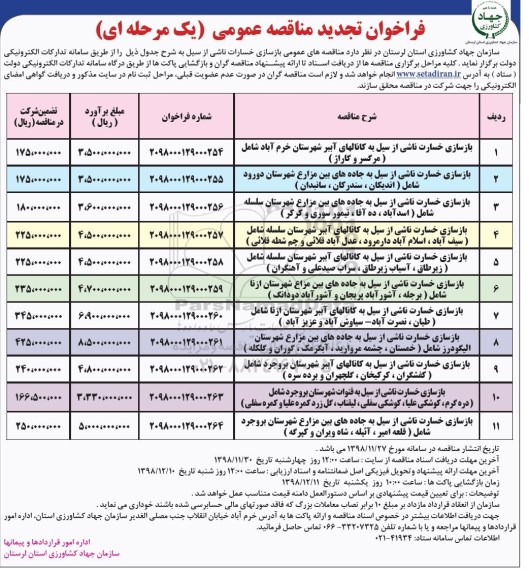 فراخوان تجدید مناقصه عمومی, تجدید مناقصه بازسازی خسارات ناشی از سیل 