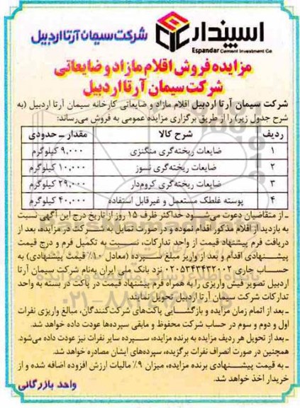 مزایده ، مزایده فروش اقلام مازاد و ضایعاتی