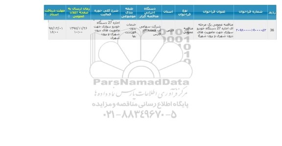 مناقصه اجاره 27 دستگاه خودرو سواری