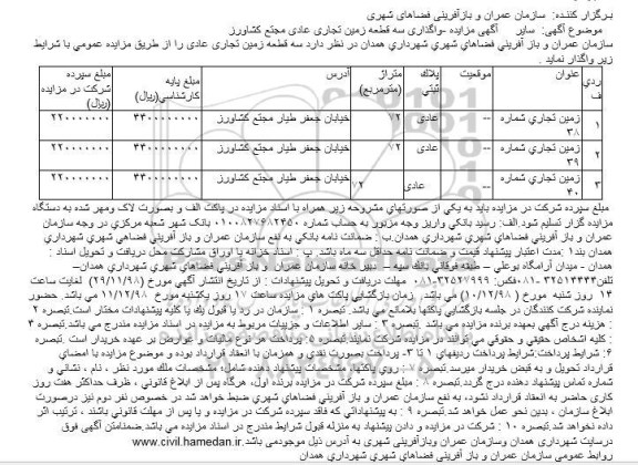 مزایده, مزایده واگذاری سه قطعه زمین تجاری 