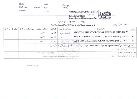 استعلام ABB-VD4 SHUNT CLOSING RELEASE MC.110 V....