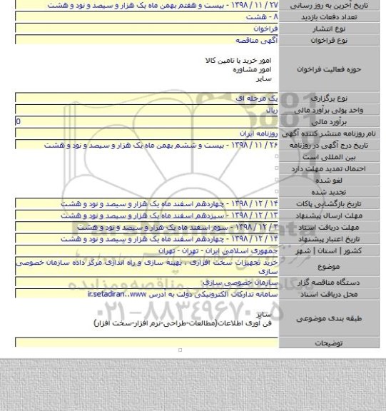 خرید تجهیزات سخت افزاری ، بهینه سازی و راه اندازی مرکز داده سازمان خصوصی سازی
