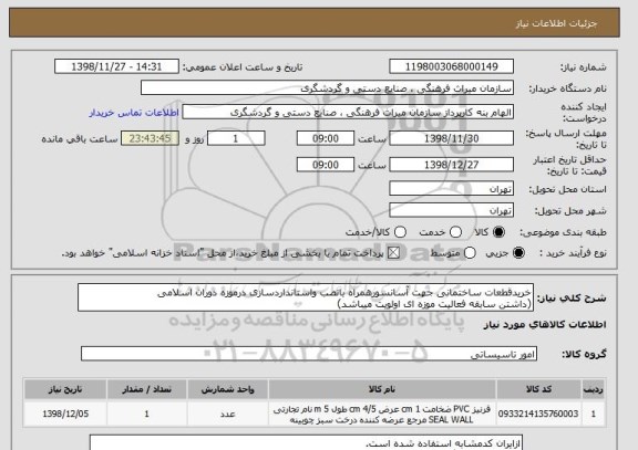 استعلام خریدقطعات ساختمانی جهت آسانسورهمراه بانصب واستانداردسازی درموزه دوران اسلامی
(داشتن سابقه فعالیت موزه ای اولویت میباشد)