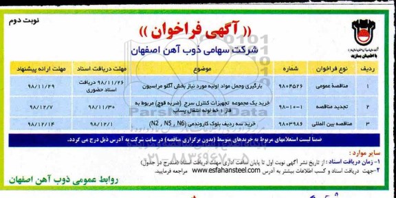 فراخوان, فراخوان بارگیری و حمل مواد اولیه مورد نیاز بخش آگلو مراسیون  - نوبت دوم