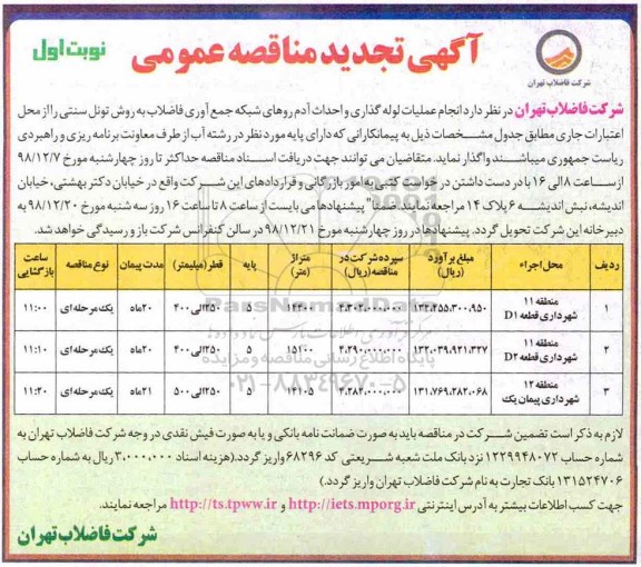 تجدید مناقصه، تجدید مناقصه انجام عملیات لوله گذاری و احداث آدم روهای شبکه جمع آوری فاضلاب