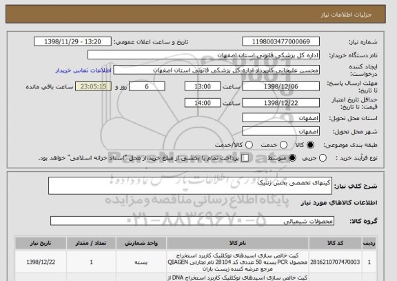 استعلام کیتهای تخصصی بخش ژنتیک 