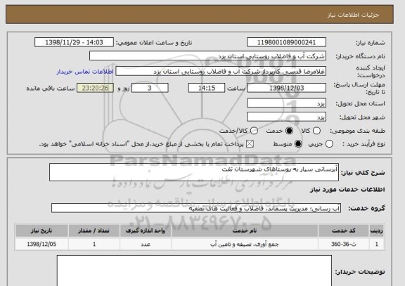 استعلام آبرسانی سیار به روستاهای شهرستان تفت