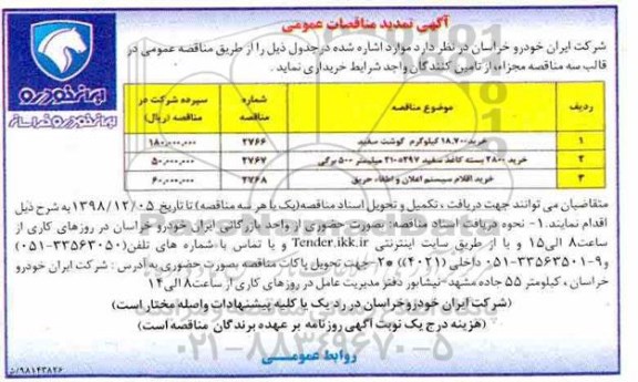تمدید مناقصه خرید 18.700 کیلوگرم گوشت سفید  و ...