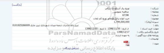 مناقصه , مناقصه خريد انواع ترانسفورماتور توزيع کم تلفات 