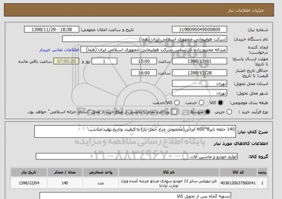 استعلام 140 حلقه تایر8*400 ایرانی(مخصوص چرخ حمل بار) با کیفیت وتاریخ تولید مناسب