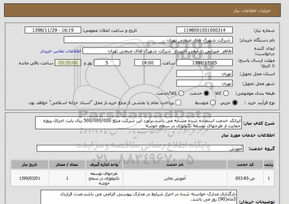 استعلام ایرانکد خدمت استفاده شده مشابه می باشد.برآورد این شرکت مبلغ 500/000/000 ریال بابت اجرای پروژه حمایت از طرحهای توسعه تکنولوژی در سطح خوشه 