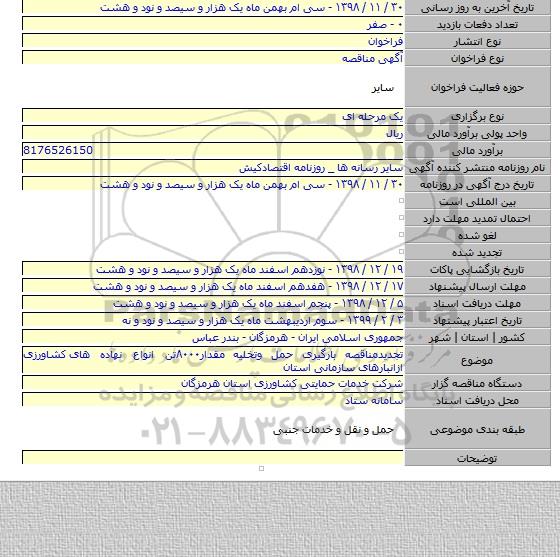 تجدیدمناقصه بارگیری حمل وتخلیه مقدار۸۰۰۰تن انواع نهاده های  کشاورزی ازانبارهای سازمانی  استان