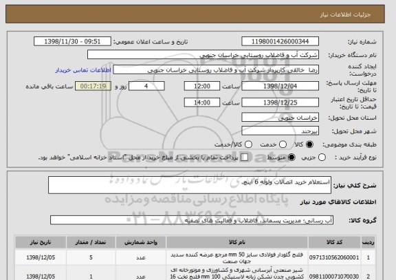 استعلام استعلام خرید اتصالات ولوله 6 اینچ.