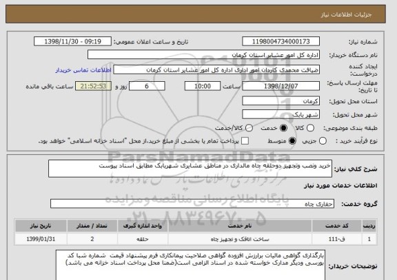 استعلام خرید ونصب وتجهیز دوحلقه چاه مالداری در مناطق عشایری شهربابک مطابق اسناد پیوست