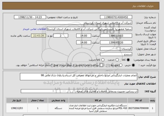 استعلام انجام عملیات انبارگردانی منابع داخلی و طرحهای عمرانی کل استان تا پایان سال مالی 98 