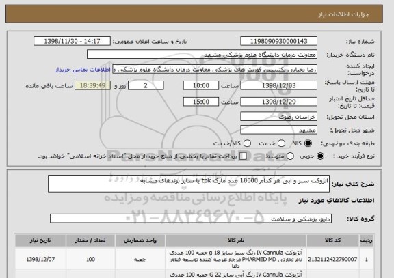 استعلام انژوکت سبز و ابی هر کدام 10000 عدد مارک tpk یا سایر برندهای مشابه