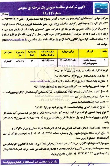 مناقصه ، مناقصه ترمیم طرح تغذیه مصنوعی