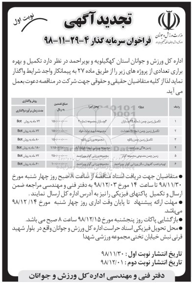 فراخوان سرمایه گذار, تجدید مناقصه تکمیل زمین چمن و ...