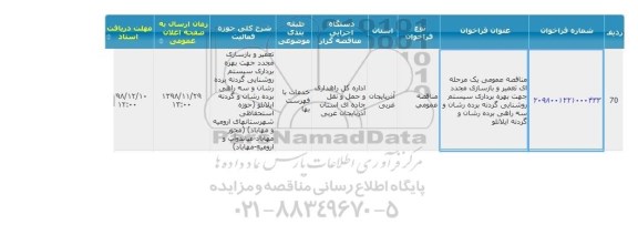 مناقصه  تعمیر و بازسازی مجدد جهت بهره برداری سیستم روشنایی 