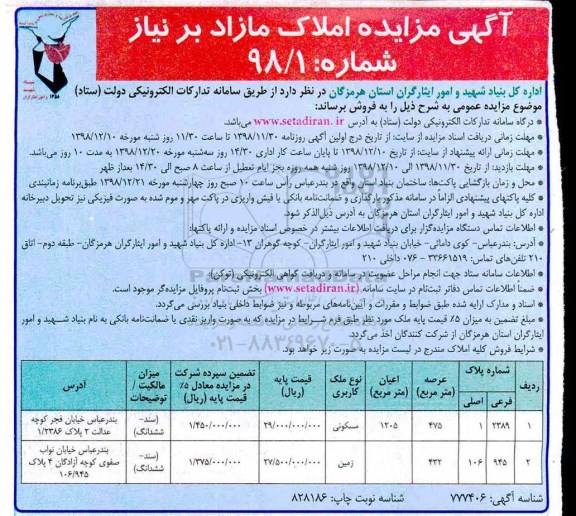 مزایده , مزایده املاک مسکونی و زمین 