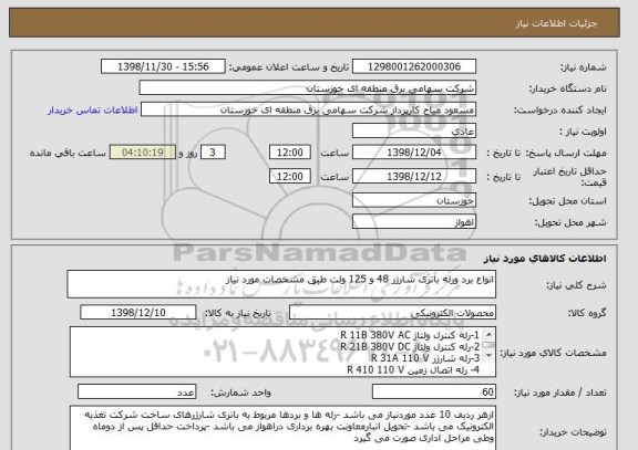 استعلام انواع برد ورله باتری شارژر 48 و 125 ولت طبق مشخصات مورد نیاز 