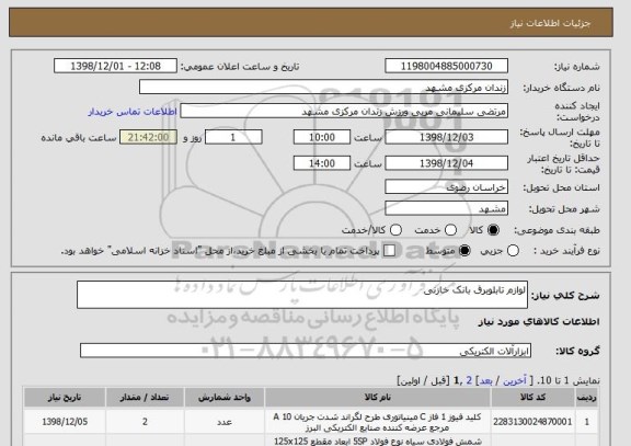 استعلام لوازم تابلوبرق بانک خازنی 