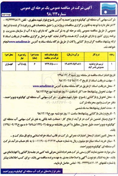 مناقصه ، مناقصه ترمیم طرح تغذیه مصنوعی - نوبت دوم 