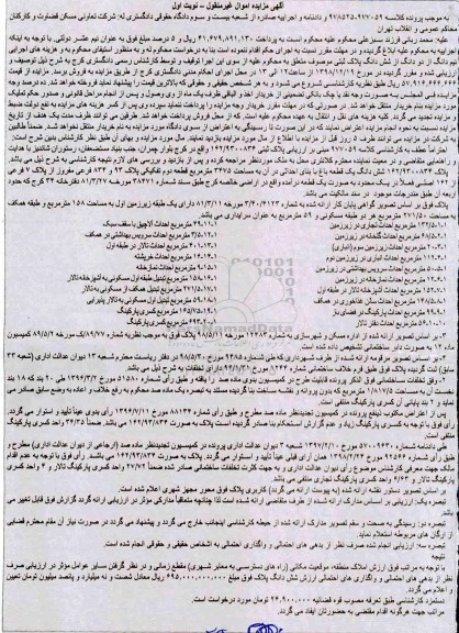 آگهی مزایده مزایده نیم دانگ از دو دانگ از ششدانگ پلاک ثبتی نوبت اول