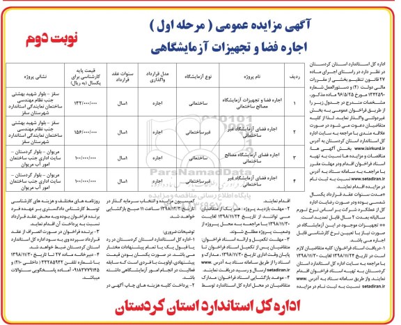 مزایده ، مزایده اجاره فضا و تجهیزات آزمایشگاهی - نوبت دوم