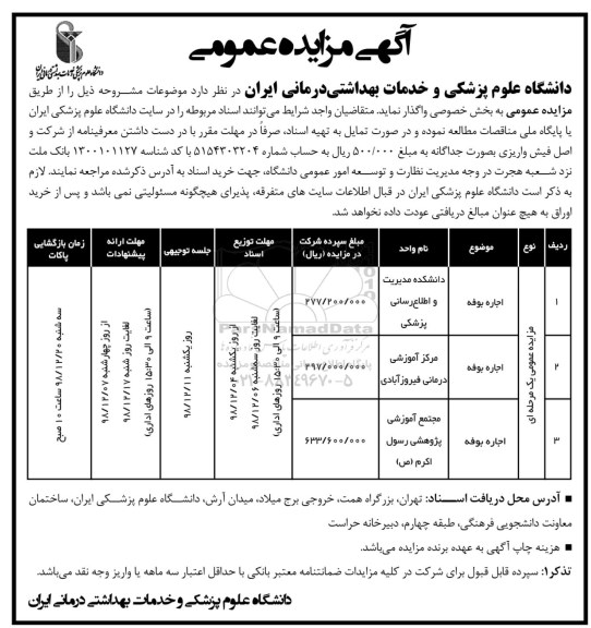آگهی مزایده عمومی, مزایده اجاره بوفه